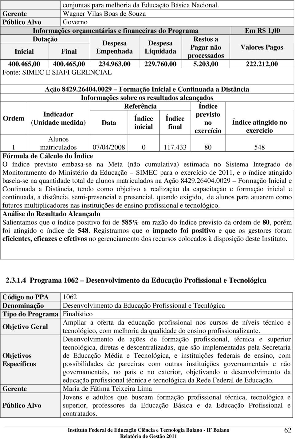 processados Valores Pagos 400.465,00 400.465,00 234.963,00 229.760,00 5.203,00 222.212,00 Fonte: SIMEC E SIAFI GERENCIAL Ordem Ação 8429.26404.