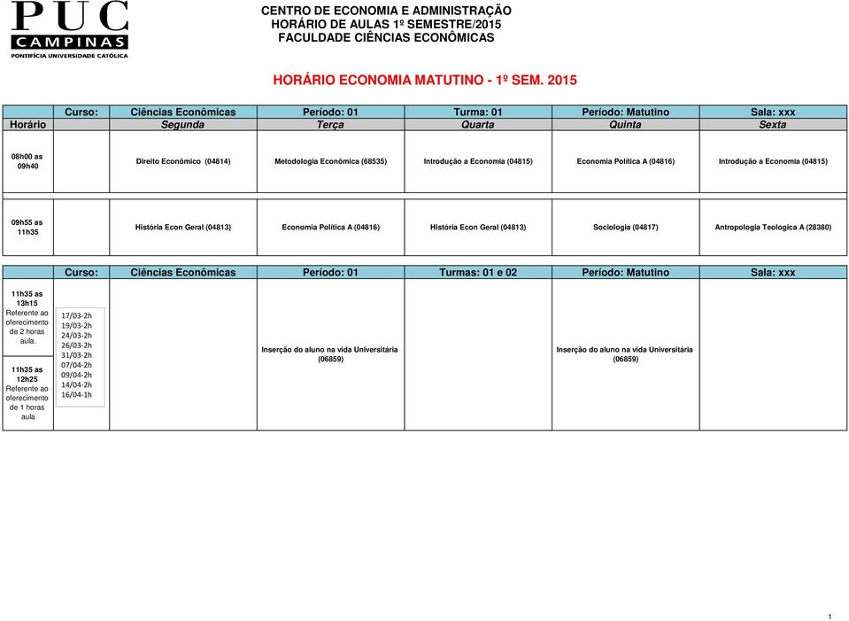 Política A (04816) Introdução a Economia (04815) História Econ Geral (04813) Economia Política A (04816) História Econ Geral (04813) Sociologia (04817) Antropologia Teologica A