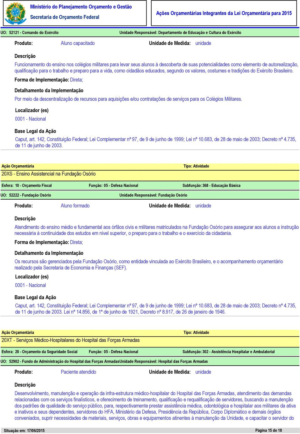 Brasileiro. Forma de Implementação: Direta; Detalhamento da Implementação Por meio da descentralização de recursos para aquisições e/ou contratações de serviços para os Colégios Militares. Caput, art.