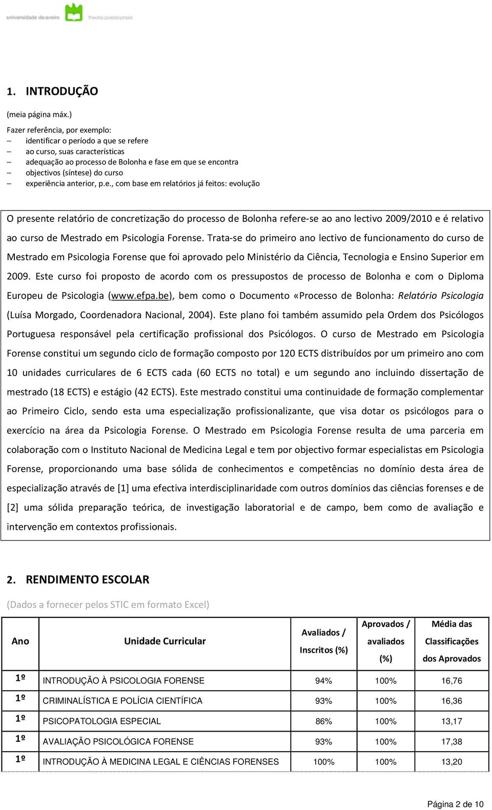 experiência anterior, p.e., com base em relatórios já feitos: evolução O presente relatório de concretização do processo de Bolonha refere-se ao ano lectivo 2009/2010 e é relativo ao curso de Mestrado em Psicologia Forense.