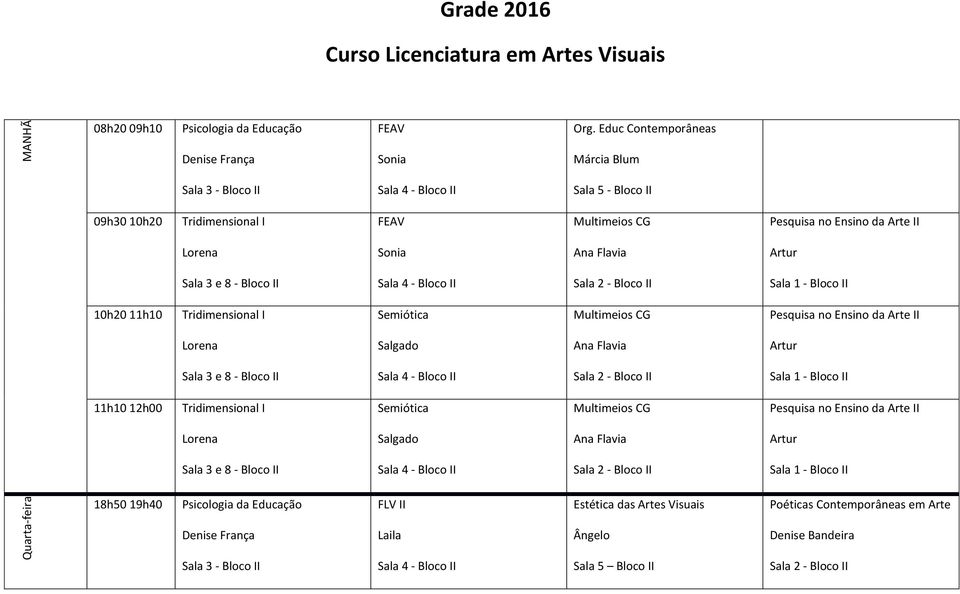 10h20 11h10 Tridimensional I Semiótica Multimeios CG Pesquisa no Ensino da Arte II Salgado Sala 3 e 8 - Bloco II 11h10 12h00 Tridimensional I