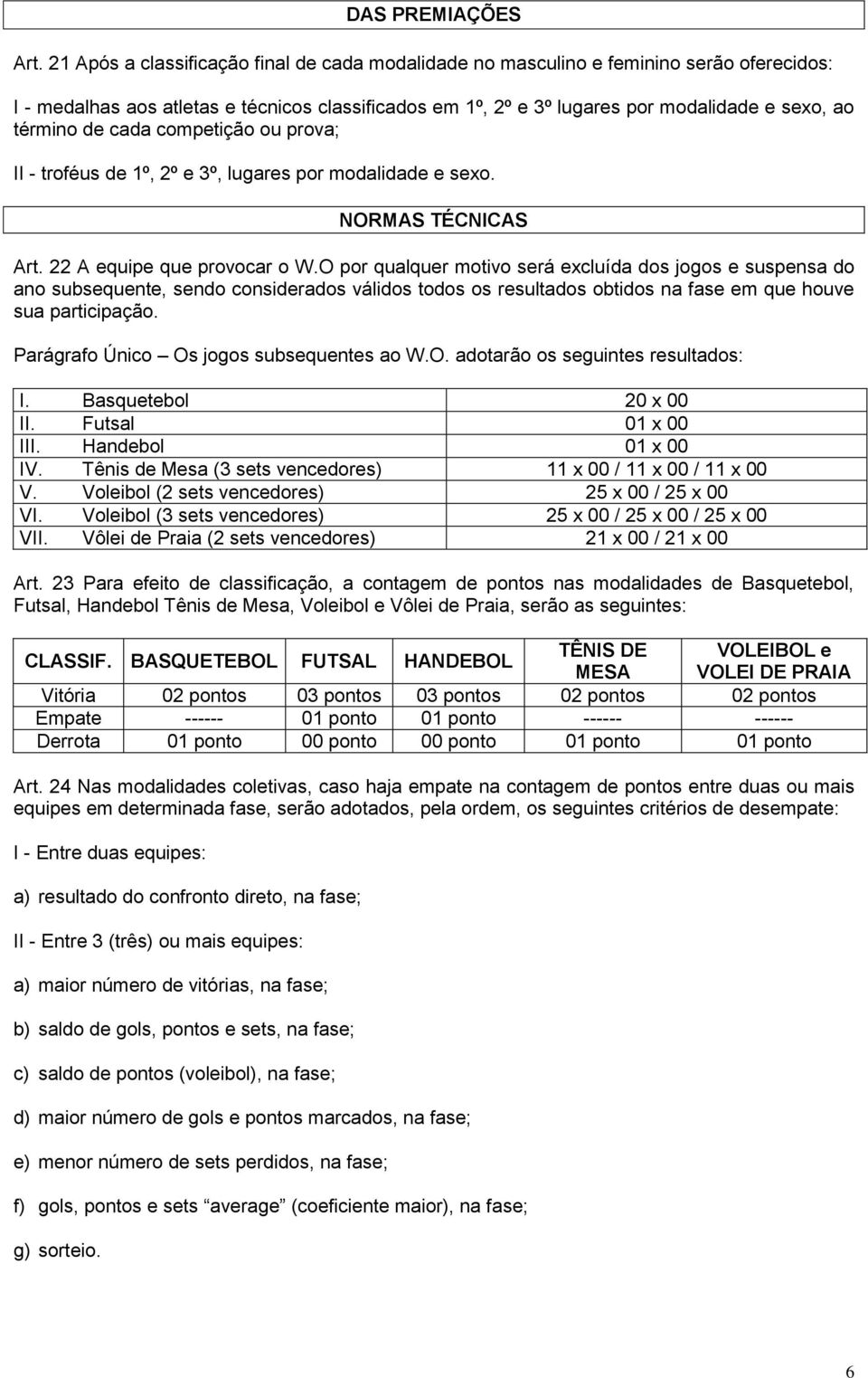 de cada competição ou prova; II - troféus de 1º, 2º e 3º, lugares por modalidade e sexo. NORMAS TÉCNICAS Art. 22 A equipe que provocar o W.