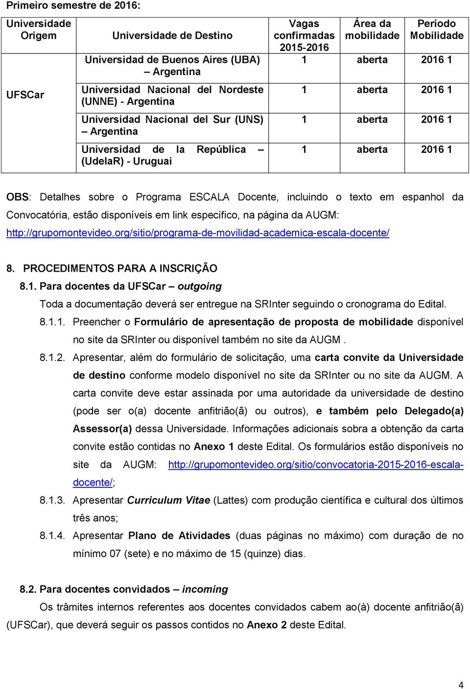 em espanhol da Convocatória, estão disponíveis em link específico, na página da AUGM: http://grupomontevideo.org/sitio/programa-de-movilidad-academica-escala-docente/ 8.