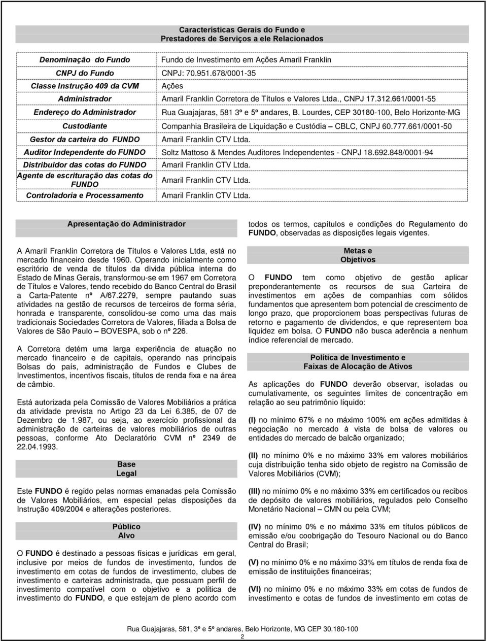 661/0001-55 Endereço do Administrador Rua Guajajaras, 581 3º e 5º andares, B. Lourdes, CEP 30180-100, Belo Horizonte-MG Custodiante Companhia Brasileira de Liquidação e Custódia CBLC, CNPJ 60.777.