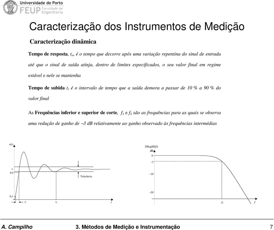 demora a passar de 10 % a 90 % do valor final s Frequências inferior e superior de corte, f 1 e f 2 são as frequências para as quais se observa uma redução de ganho de 3