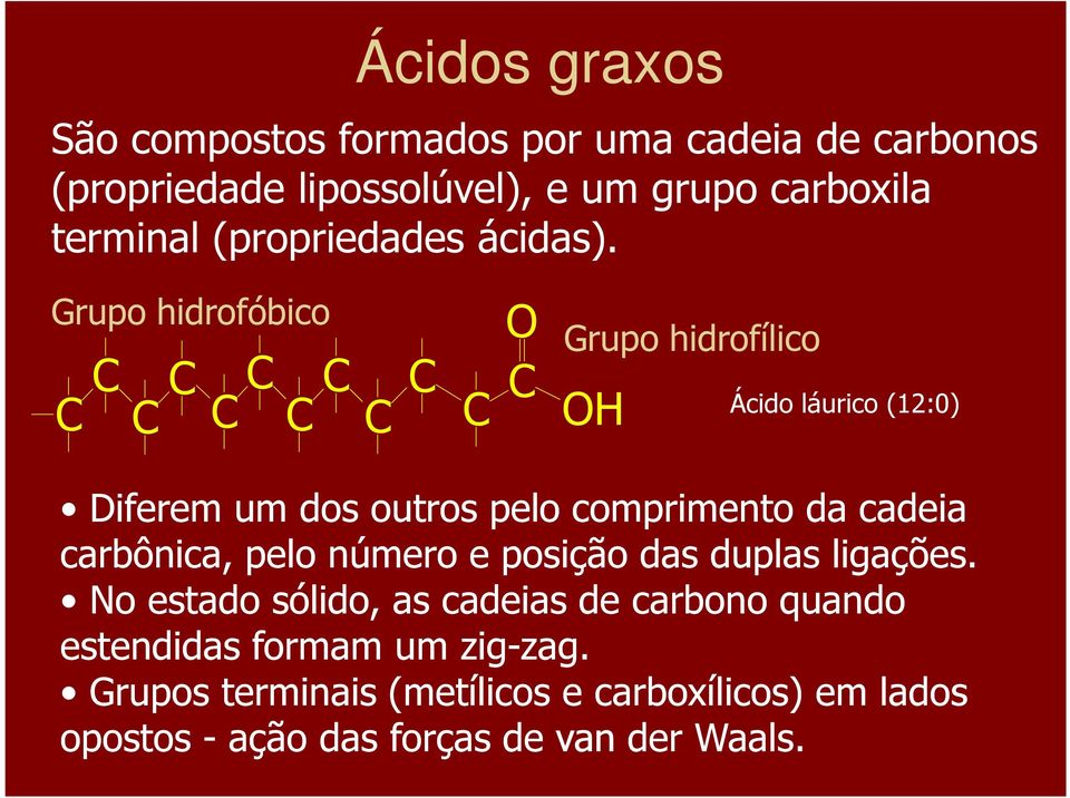 Grupo hidrofóbico C C C C C C C C C C C O C OH Grupo hidrofílico Ácido láurico (12:0) Diferem um dos outros pelo comprimento da