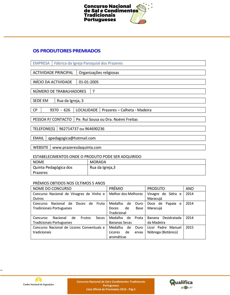com ESTABELECIMENTOS ONDE O PRODUTO PODE SER ADQUIRIDO NOME MORADA Quinta Pedagógica dos Rua da Igreja,3 Prazeres PRÉMIOS OBTIDOS NOS ÚLTIMOS 5 ANOS NOME DO CONCURSO PRÉMIO PRODUTO ANO Concurso