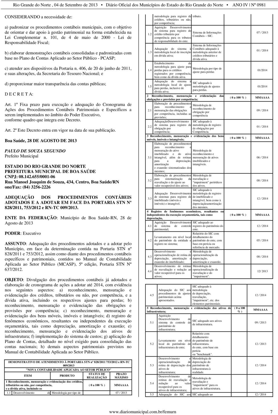 aos dispositivos da Portaria n. 406, de 20 de junho de 2011, e suas alterações, da Secretaria do Tesouro Nacional; e d) proporcionar maior transparência das contas públicas; D E C R E T A: Art.