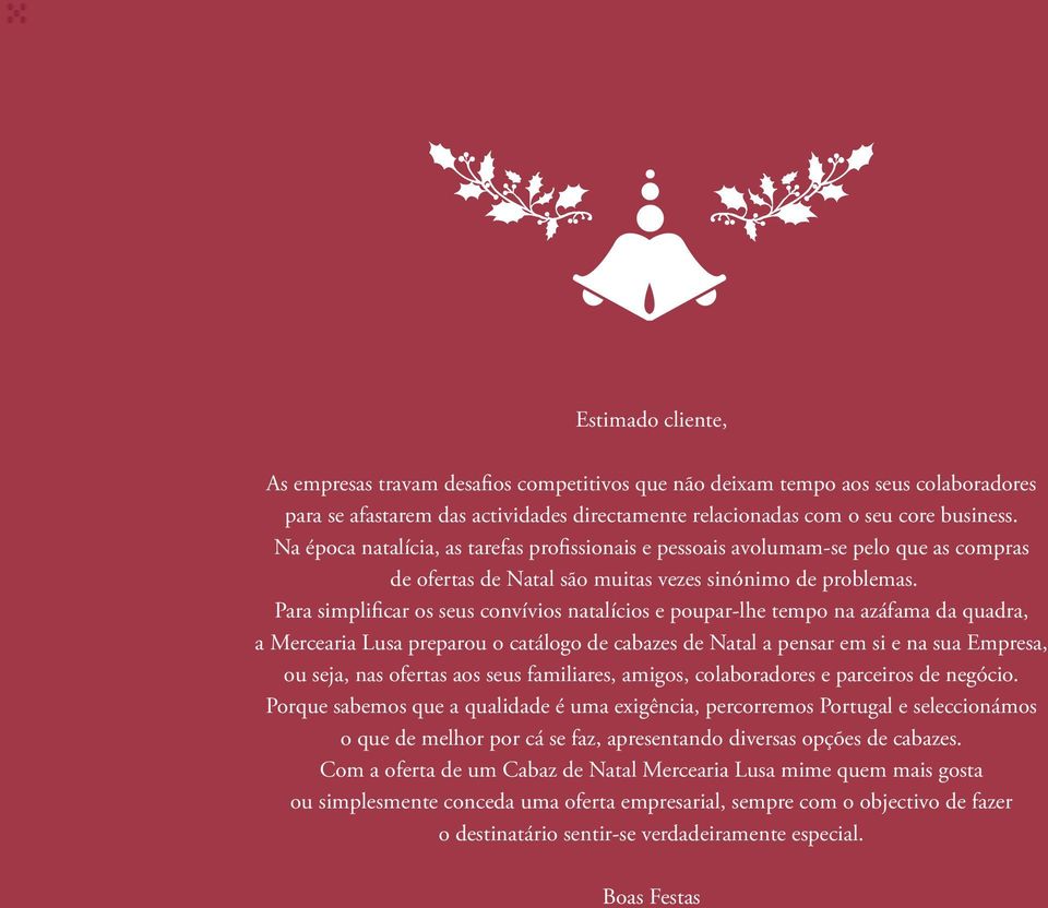 Para simplificar os seus convívios natalícios e poupar-lhe tempo na azáfama da quadra, a Mercearia Lusa preparou o catálogo de cabazes de Natal a pensar em si e na sua Empresa, ou seja, nas ofertas