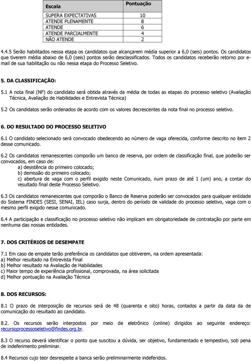 DA CLASSIFICAÇÃO: 5.1 A nota final (NF) do candidato será obtida através da média de todas as etapas do processo seletivo (Avaliação Técnica, Avaliação de Habilidades e Entrevista Técnica) 5.