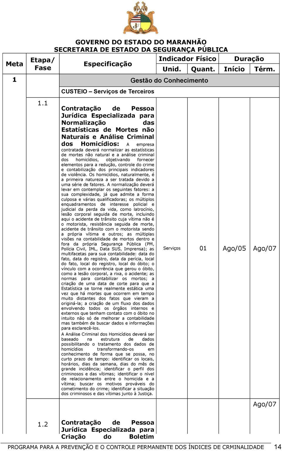 1 Contratação de Pessoa Normalização das Estatísticas de Mortes não Naturais e Análise Criminal dos Homicídios: A empresa contratada deverá normalizar as estatísticas de mortes não natural e a