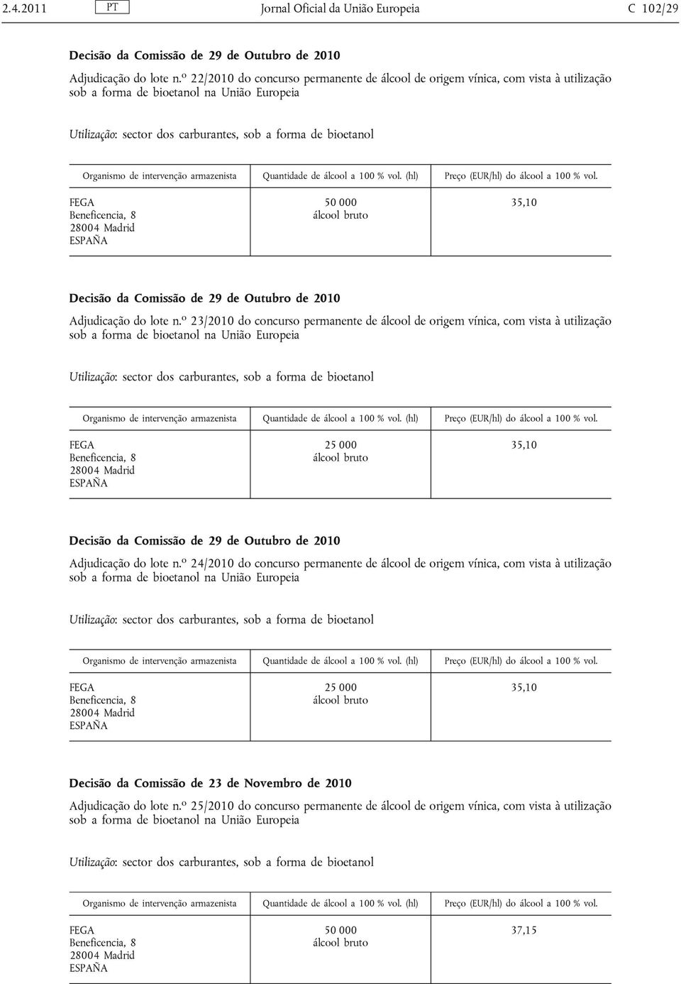 o 23/2010 do concurso permanente de álcool de origem vínica, com vista à utilização 35,10 Decisão da Comissão de 29 de Outubro de 2010 Adjudicação do lote n.