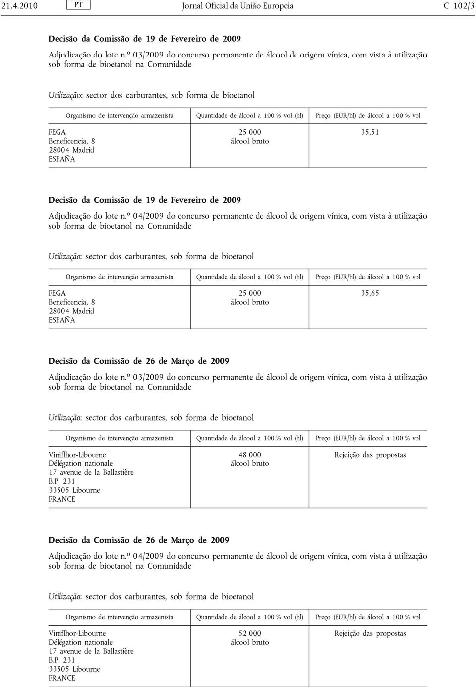 o 04/2009 do concurso permanente de álcool de origem vínica, com vista à utilização 35,65 Decisão da Comissão de 26 de Março de 2009 Adjudicação do lote n.