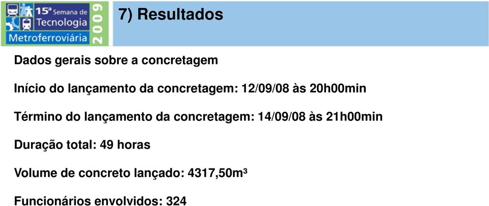 lançamento da concretagem: 14/09/08 às 21h00min Duração total: