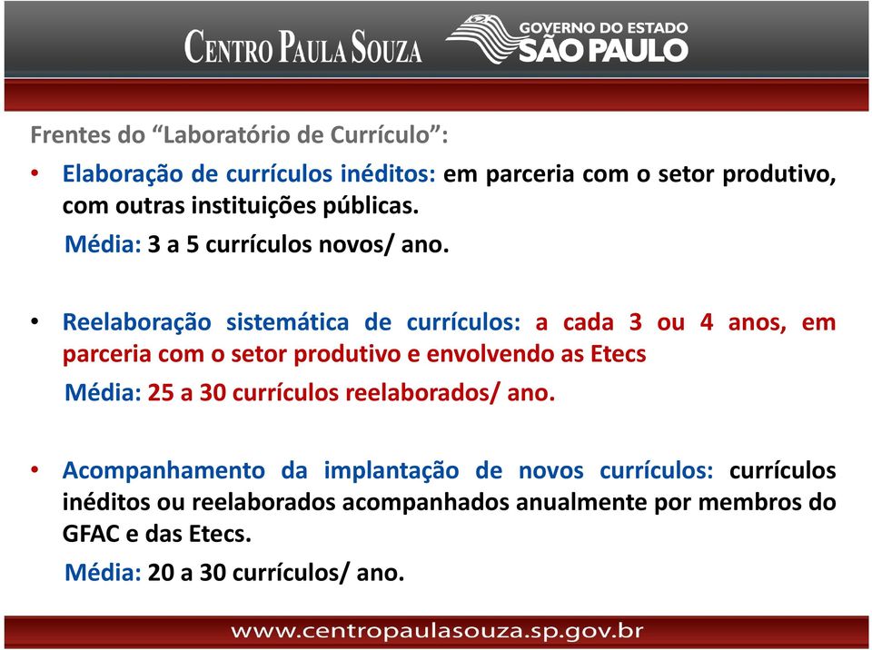 Reelaboração sistemática de currículos: a cada 3 ou 4 anos, em parceria com o setor produtivo e envolvendo as Etecs Média: 25 a