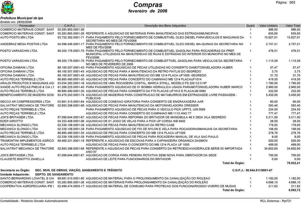 0001-17 PARA PAGAMENTO PELO FORNECIMENTO DE COMBUSTIVEL OLEO DIESEL MA-QUINAS DA SECRETARIA NO 1 2.757,51 2.757,51 MES DE FEV/2006 POSTO VARASCHIN LTDA 89.355.176.