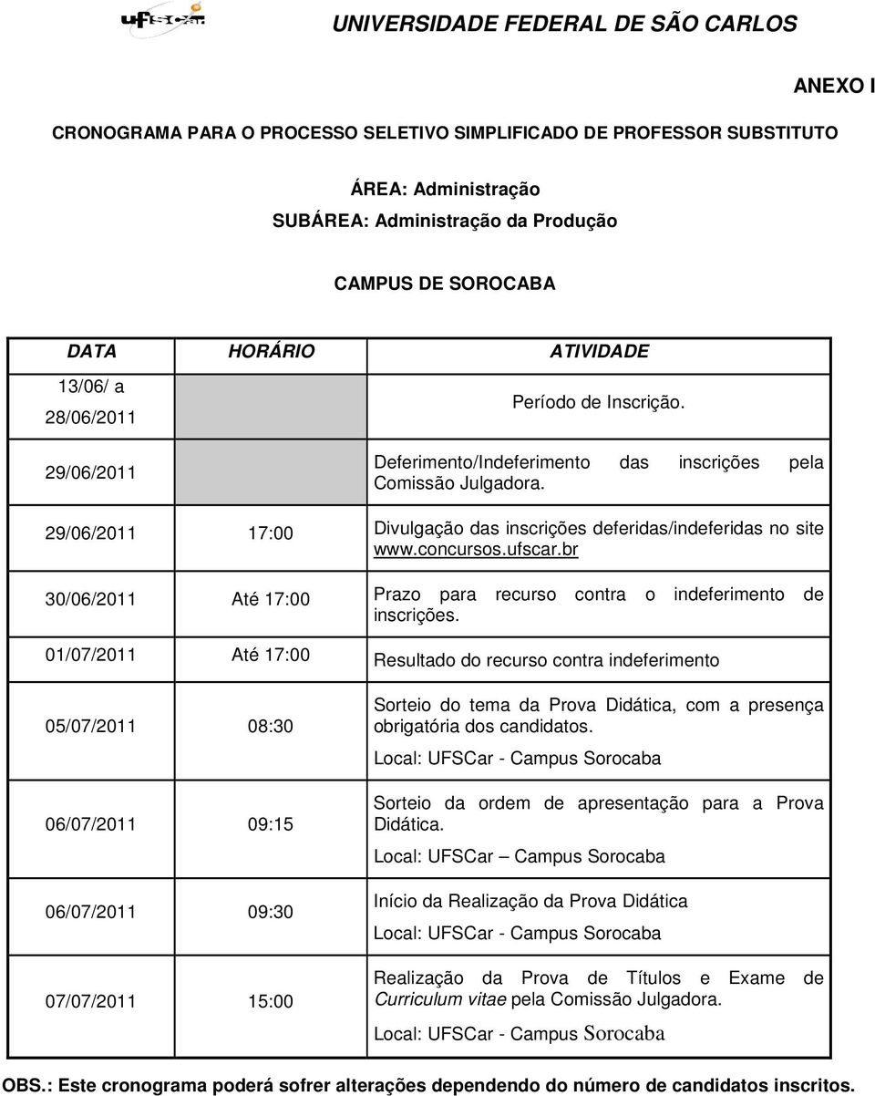 br 30/06/2011 Até 17:00 Prazo para recurso contra o indeferimento de inscrições.