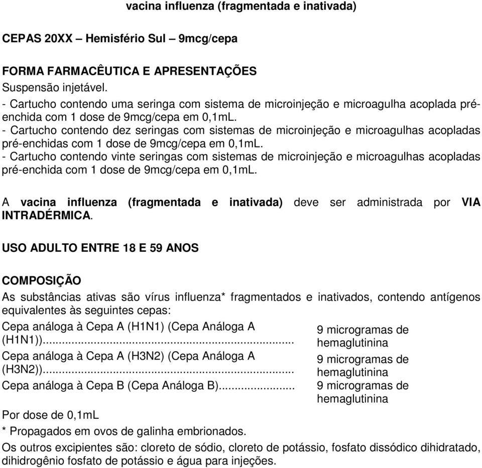 - Cartucho contendo dez seringas com sistemas de microinjeção e microagulhas acopladas pré-enchidas com 1 dose de 9mcg/cepa em 0,1mL.