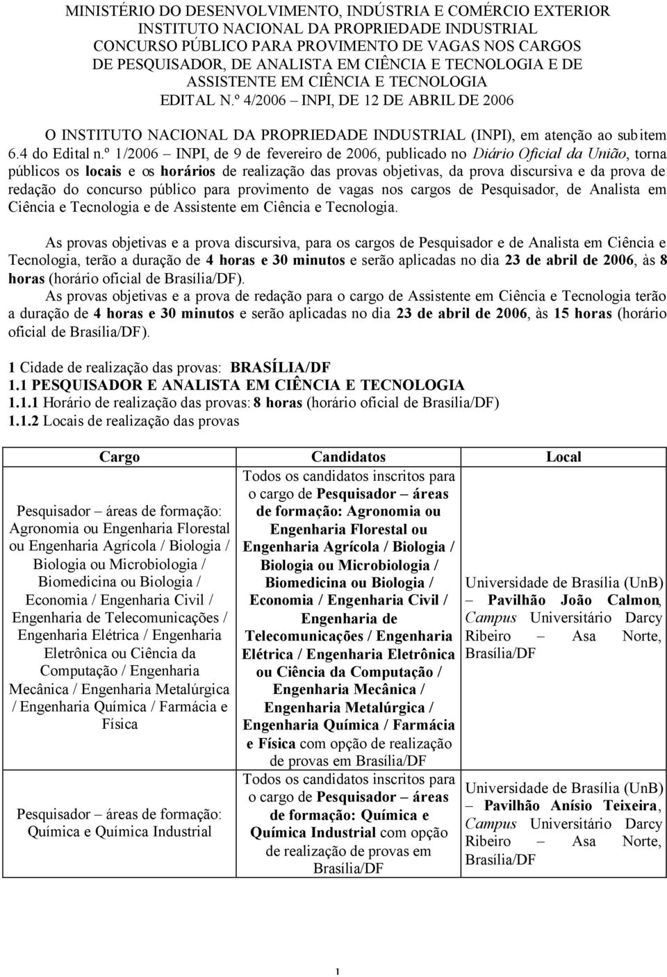 º 1/2006 INPI, de 9 de fevereiro de 2006, publicado no Diário Oficial da União, torna públicos os locais e os horários de realização das provas objetivas, da prova discursiva e da prova de redação do