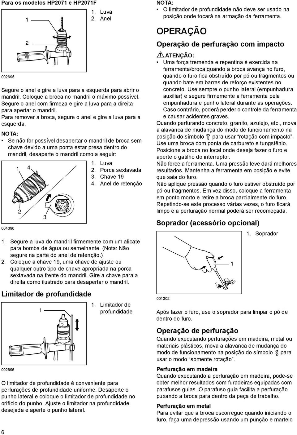 NOTA: Se não for possível desapertar o mandril de broca sem chave devido a uma ponta estar presa dentro do mandril, desaperte o mandril como a seguir:. Luva 4. Porca sextavada 3. Chave 9 4.