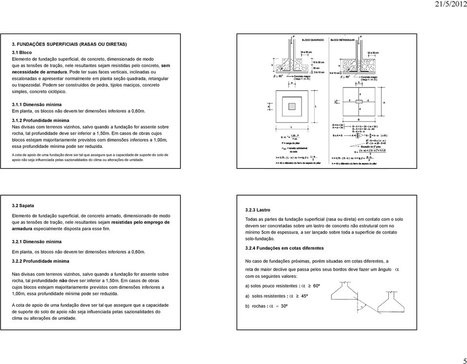 Pode ter suas faces verticais, inclinadas ou escalonadas e apresentar normalmente em planta seção quadrada, retangular ou trapezoidal.