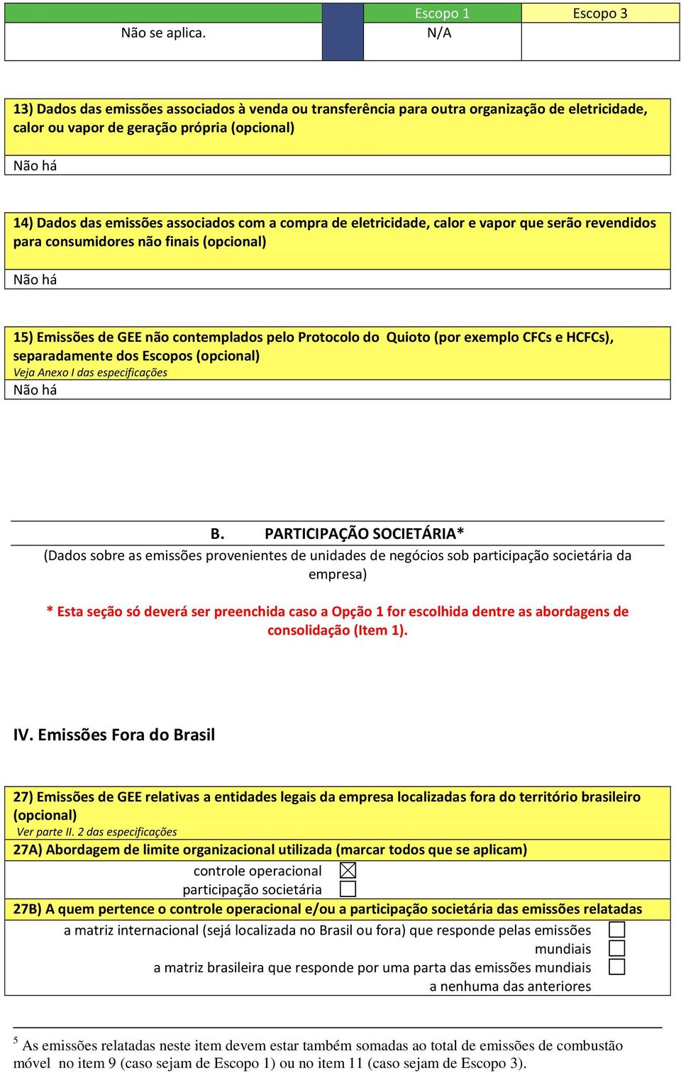 CFCs e HCFCs), separadamente dos Escopos (opcional) Veja Anexo I das especificações Não há B.