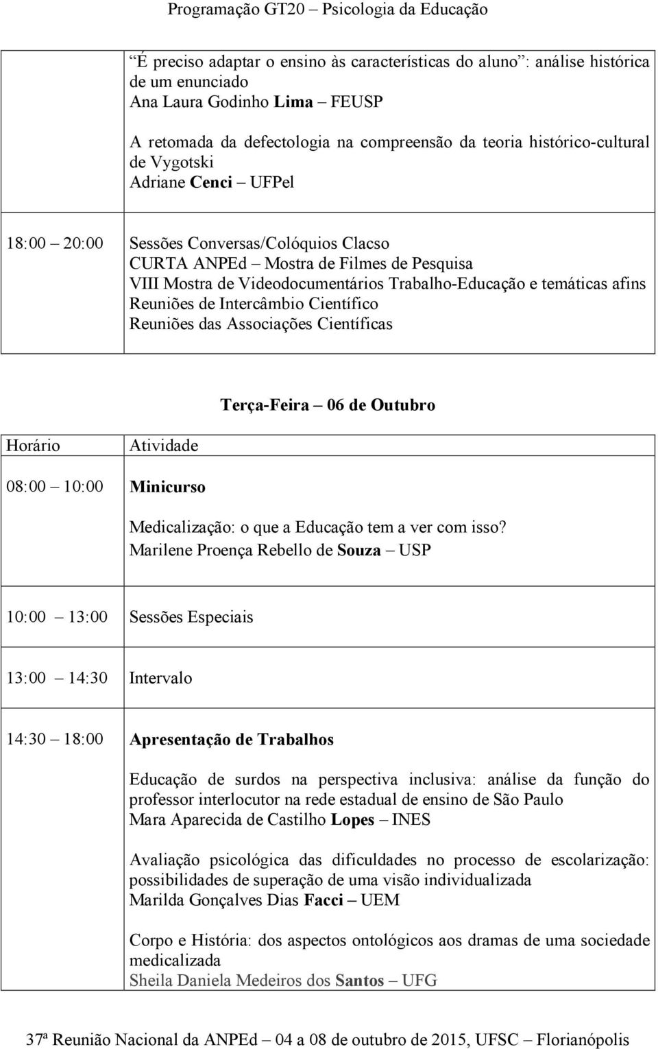 Intercâmbio Científico Reuniões das Associações Científicas Terça-Feira 06 de Outubro 08:00 10:00 Minicurso Medicalização: o que a Educação tem a ver com isso?