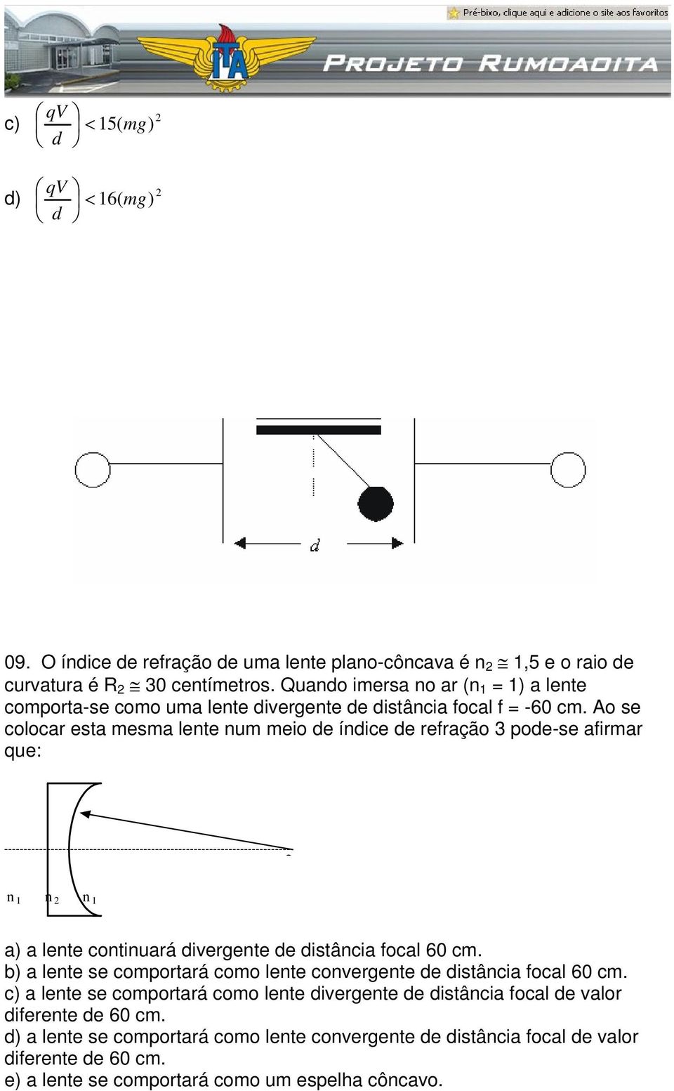 Ao se colocar esta mesma lente num meio e ínice e refração 3 poe-se afirmar que: n 1 n 2 n 1 a) a lente continuará ivergente e istância focal 60 cm.