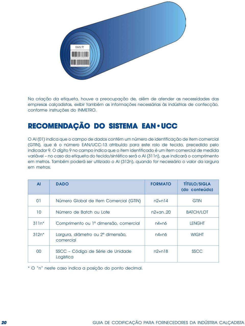 RECOMENDAÇÃO DO SISTEMA EAN UCC O AI (01) indica que o campo de dados contém um número de identificação de item comercial (GTIN), que é o número EAN/UCC-13 atribuído para este rolo de tecido,