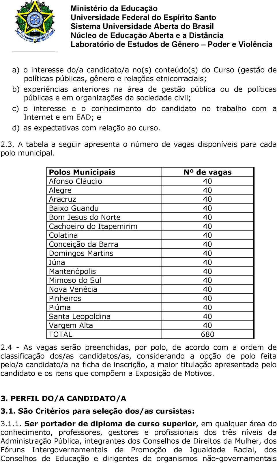 A tabela a seguir apresenta o número de vagas disponíveis para cada polo municipal.