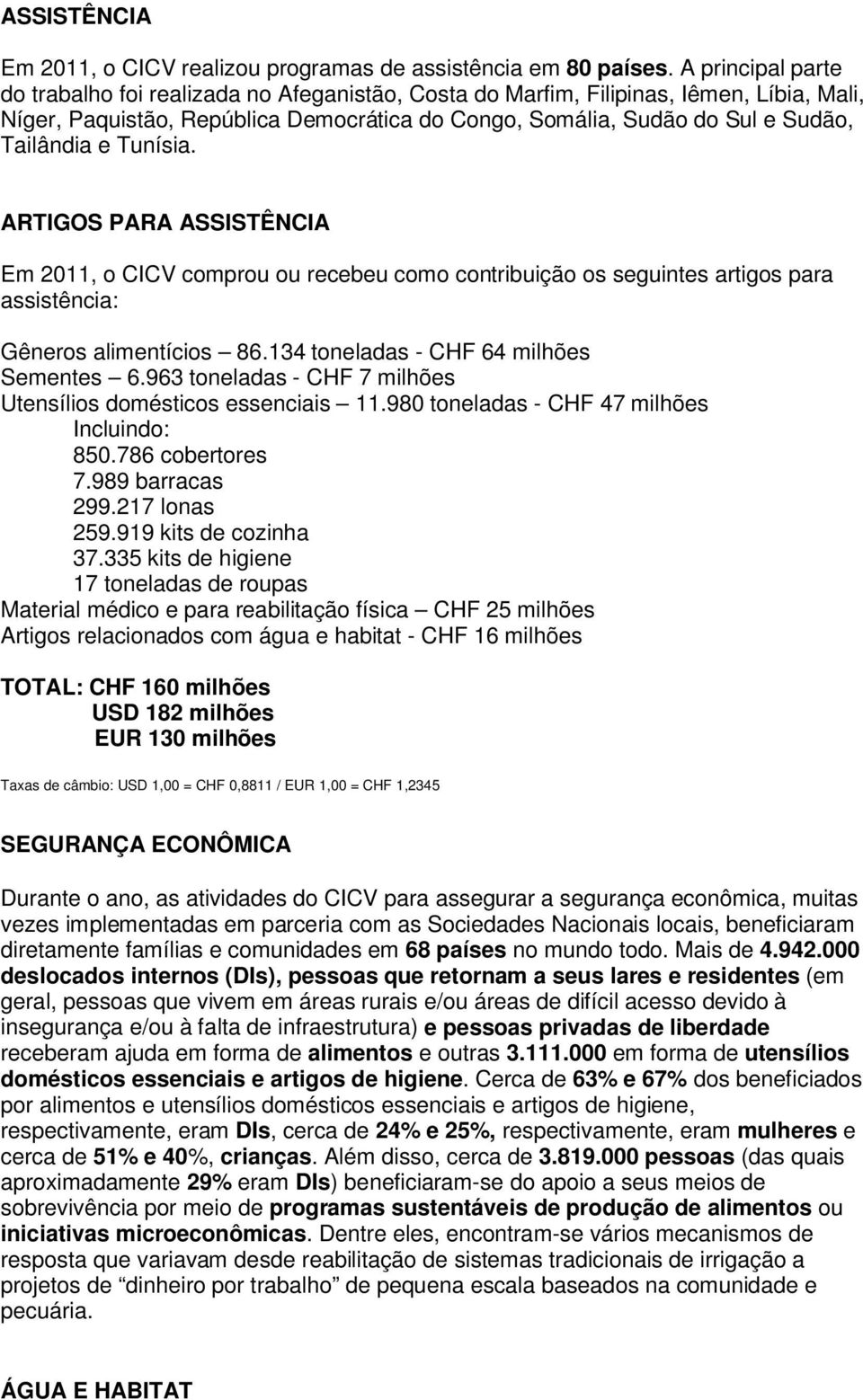 e Tunísia. ARTIGOS PARA ASSISTÊNCIA Em 2011, o CICV comprou ou recebeu como contribuição os seguintes artigos para assistência: Gêneros alimentícios 86.134 toneladas - CHF 64 milhões Sementes 6.