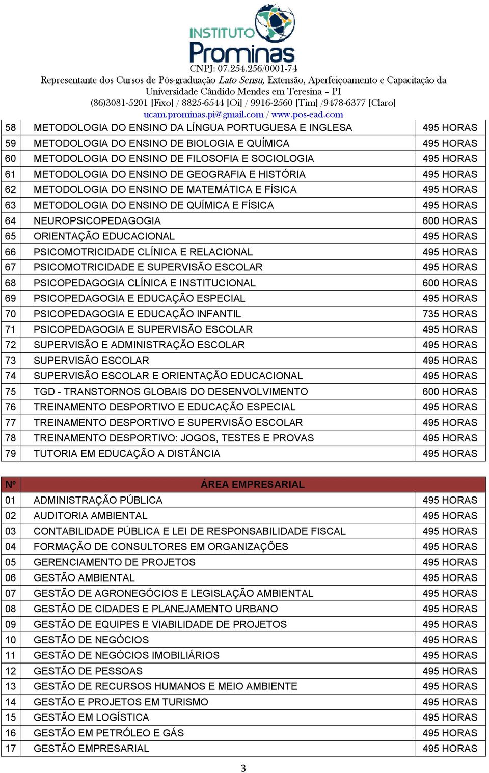 ORIENTAÇÃO EDUCACIONAL 495 HORAS 66 PSICOMOTRICIDADE CLÍNICA E RELACIONAL 495 HORAS 67 PSICOMOTRICIDADE E SUPERVISÃO ESCOLAR 495 HORAS 68 PSICOPEDAGOGIA CLÍNICA E INSTITUCIONAL 600 HORAS 69