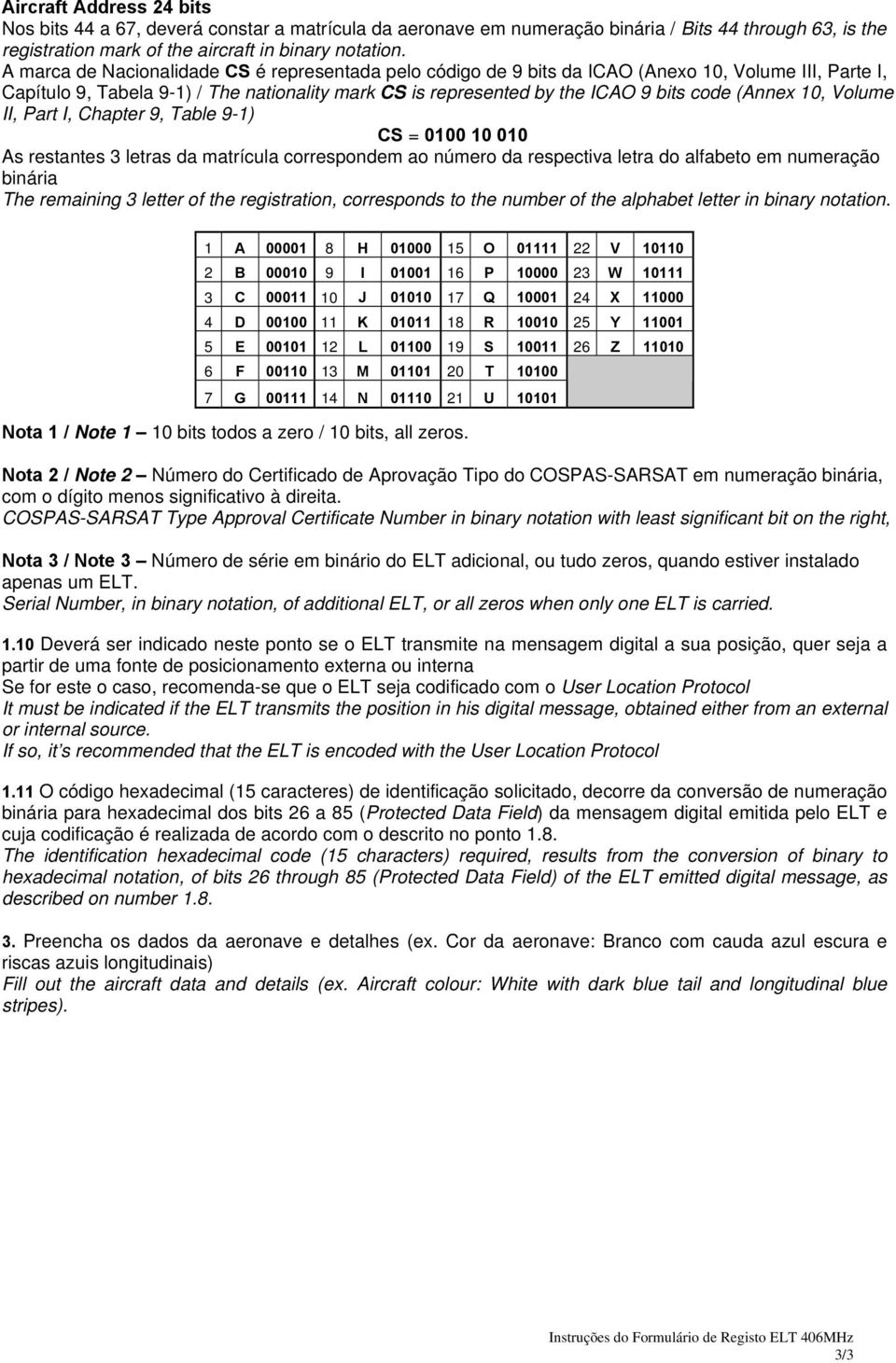 (Annex 10, Volume II, Part I, Chapter 9, Table 9-1) CS = 0100 10 010 As restantes 3 letras da matrícula correspondem ao número da respectiva letra do alfabeto em numeração binária The remaining 3