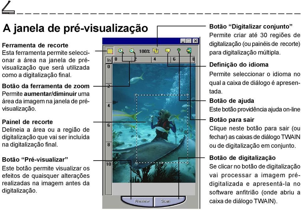 Painel de recorte Delineia a área ou a região de digitalização que vai ser incluída na digitalização final.