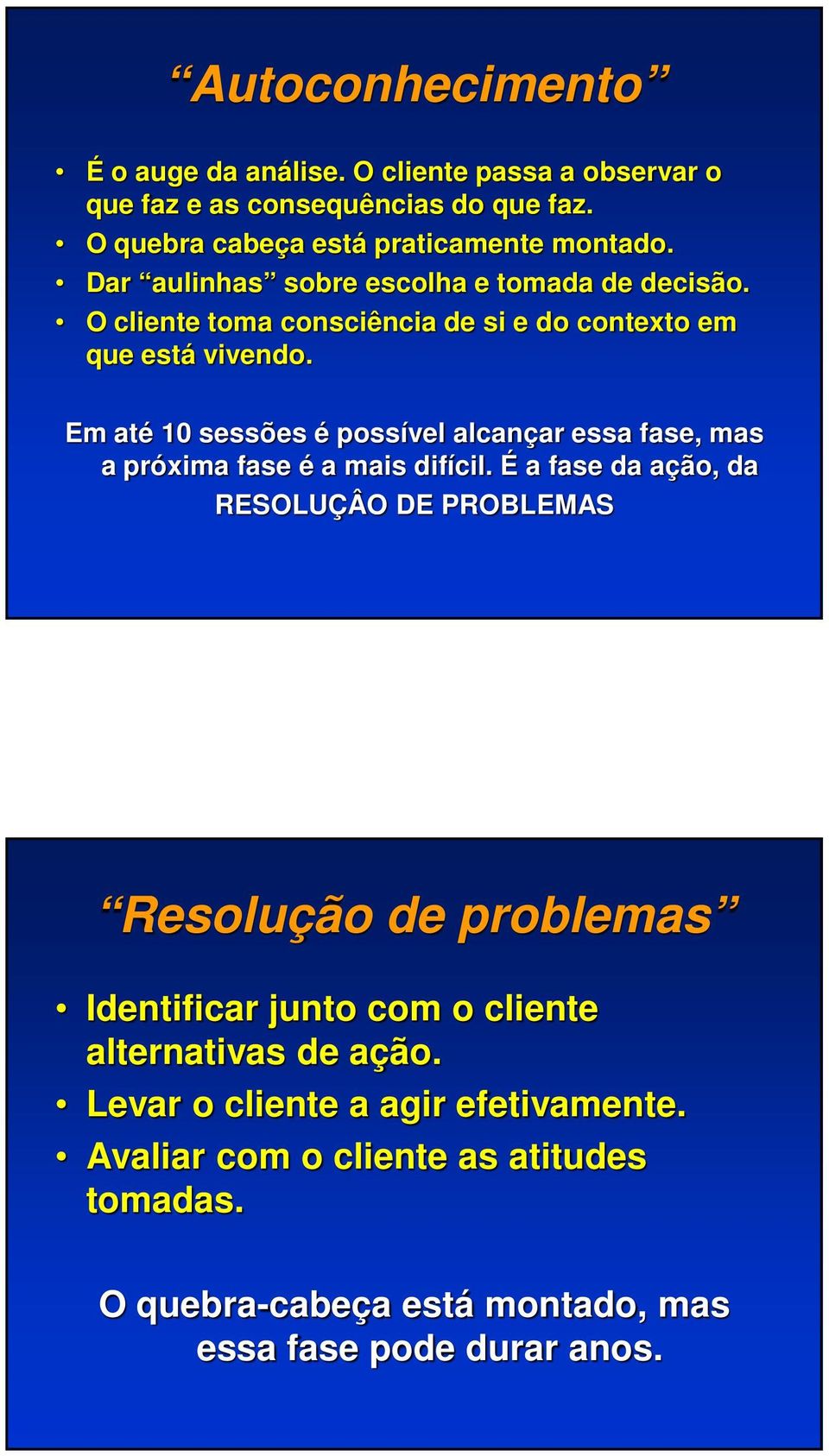 O cliente toma consciência de si e do contexto em que está vivendo. Em até 10 sessões é possível alcançar essa fase, mas a próxima fase é a mais difícil.