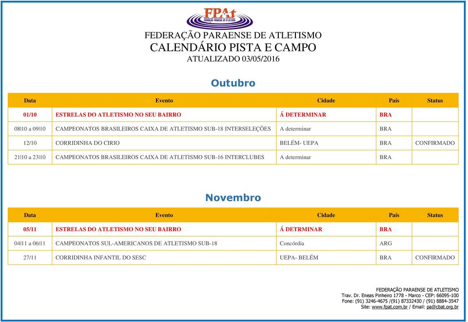 BRASILEIROS CAIXA DE ATLETISMO SUB-16 INTERCLUBES A determinar BRA Novembro 05/11 ESTRELAS DO ATLETISMO NO SEU BAIRRO Á