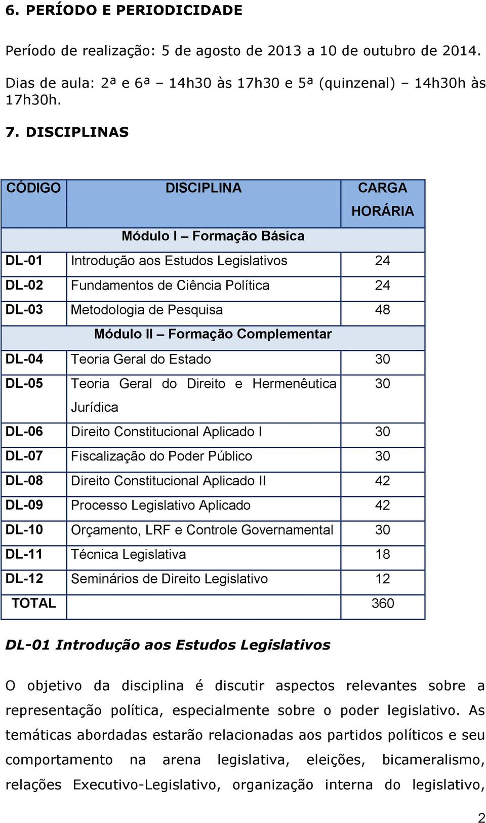 Formação Complementar DL-04 Teoria Geral do Estado 30 DL-05 Teoria Geral do Direito e Hermenêutica 30 Jurídica DL-06 Direito Constitucional Aplicado I 30 DL-07 Fiscalização do Poder Público 30 DL-08