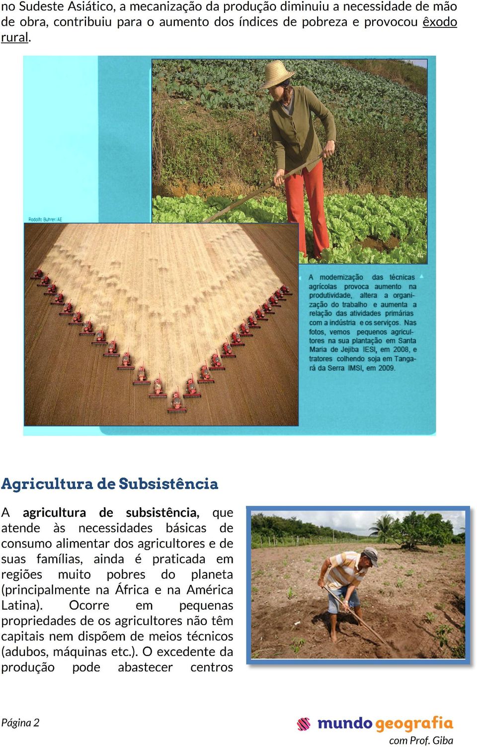 Agricultura de Subsistência A agricultura de subsistência, que atende às necessidades básicas de consumo alimentar dos agricultores e de suas