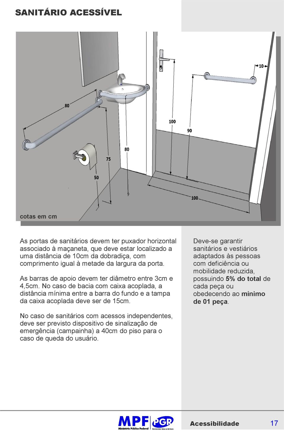 No caso de bacia com caixa acoplada, a distância mínima entre a barra do fundo e a tampa da caixa acoplada deve ser de 15cm.