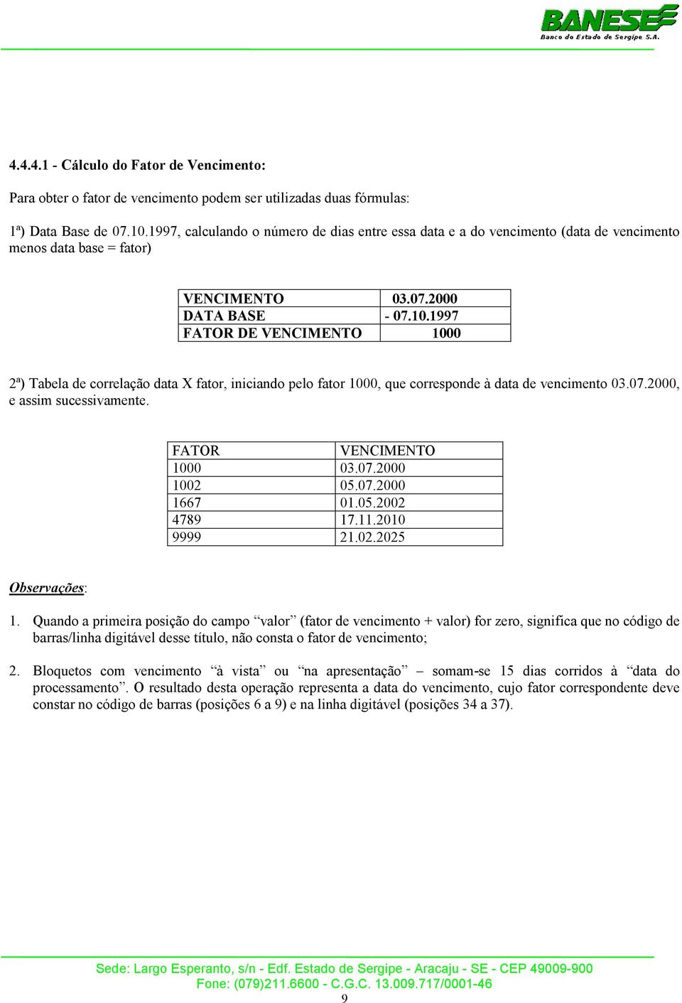 1997 FATOR DE VENCIMENTO 1000 2ª) Tabela de correlação data X fator, iniciando pelo fator 1000, que corresponde à data de vencimento 03.07.2000, e assim sucessivamente. FATOR VENCIMENTO 1000 03.07.2000 1002 05.