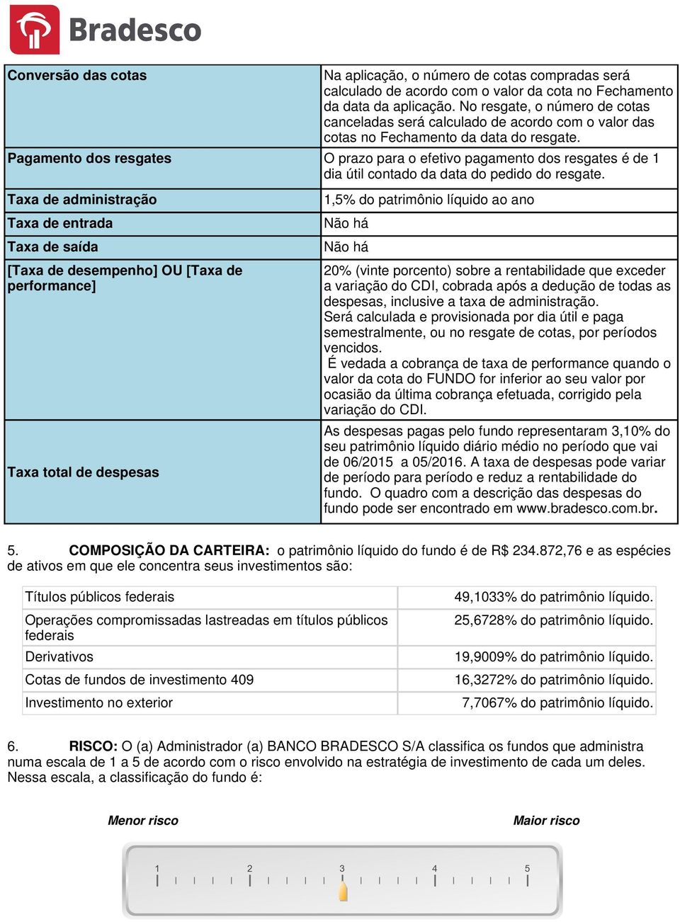 Pagamento dos resgates O prazo para o efetivo pagamento dos resgates é de 1 dia útil contado da data do pedido do resgate.