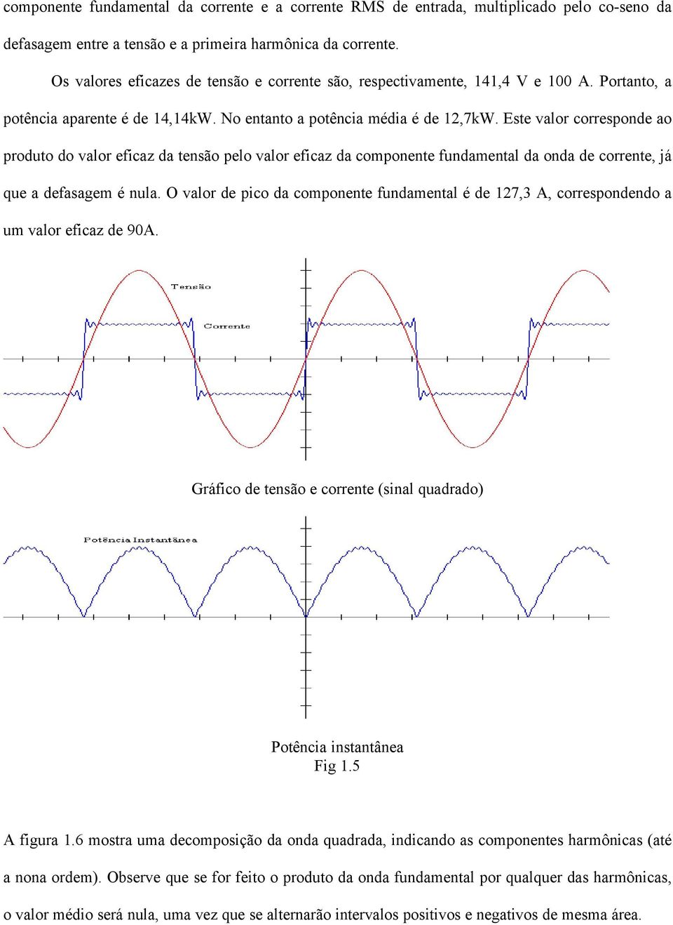 Este valor corresponde ao produto do valor eficaz da tensão pelo valor eficaz da componente fundamental da onda de corrente, já que a defasagem é nula.