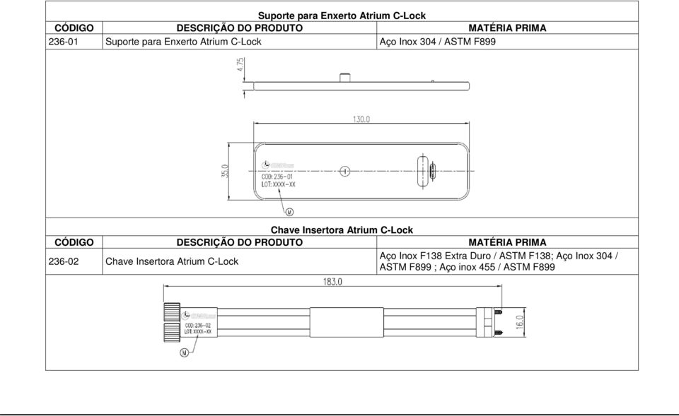 C-Lock 236-02 Chave Insertora Atrium C-Lock Aço Inox F138 Extra