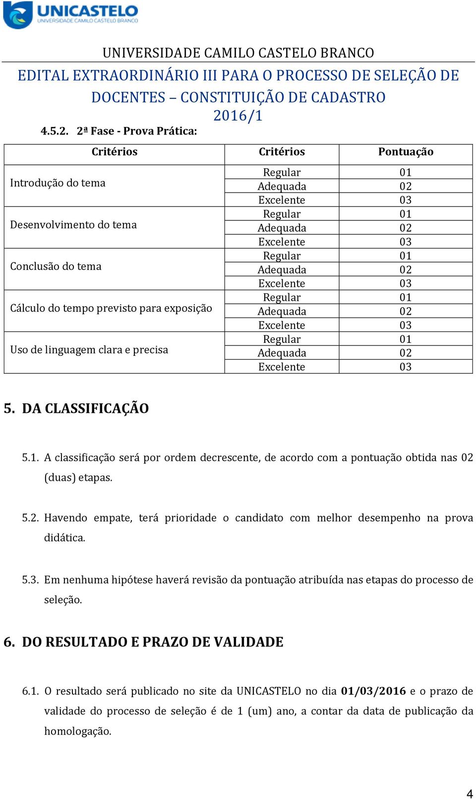 precisa 5. DA CLASSIFICAÇÃO 5.1. A classificação será por ordem decrescente, de acordo com a pontuação obtida nas 02 