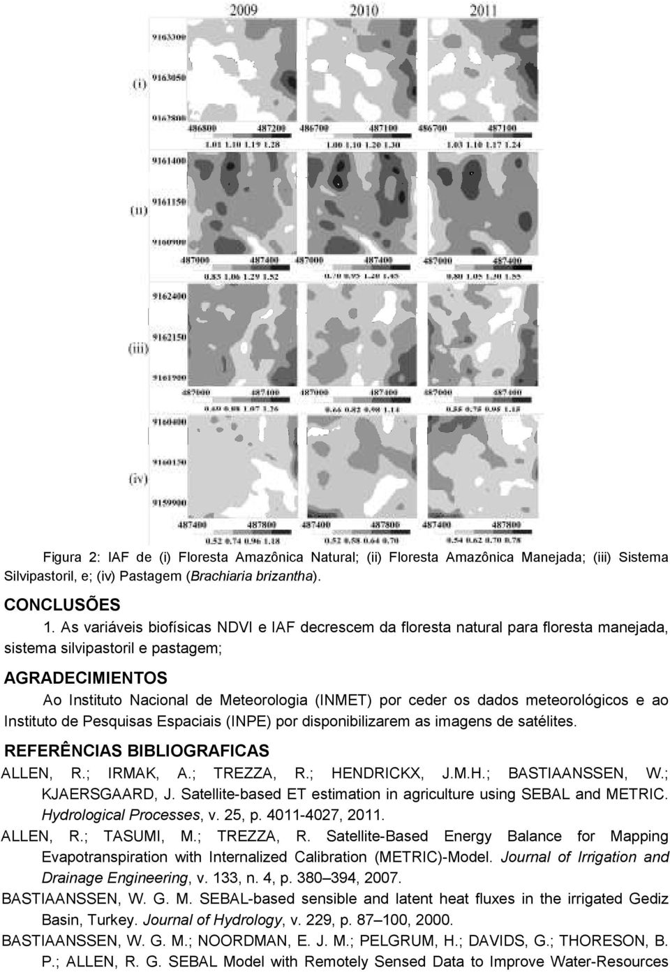 dados meteorológicos e ao Instituto de Pesquisas Espaciais (INPE) por disponibilizarem as imagens de satélites. REFERÊNCIAS BIBLIOGRAFICAS ALLEN, R.; IRMAK, A.; TREZZA, R.; HENDRICKX, J.M.H.; BASTIAANSSEN, W.