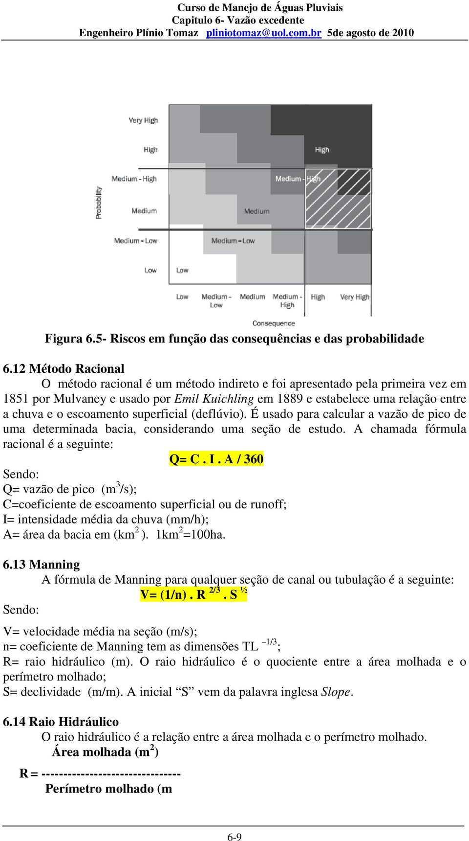 escoamento superficial (deflúvio). É usado para calcular a vazão de pico de uma determinada bacia, considerando uma seção de estudo. A chamada fórmula racional é a seguinte: Q= C. I.