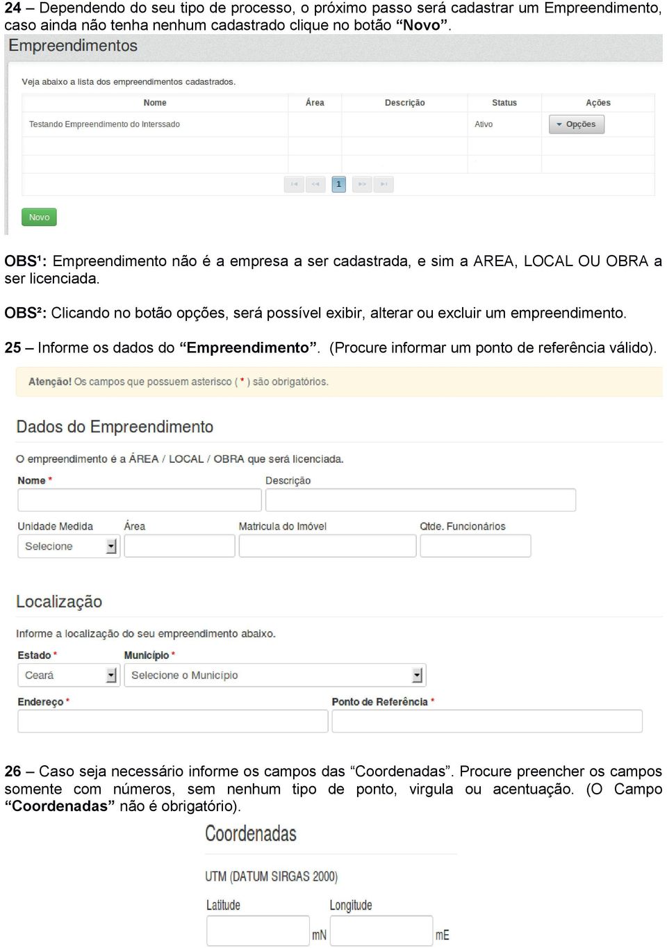 OBS²: Clicando no botão opções, será possível exibir, alterar ou excluir um empreendimento. 25 Informe os dados do Empreendimento.