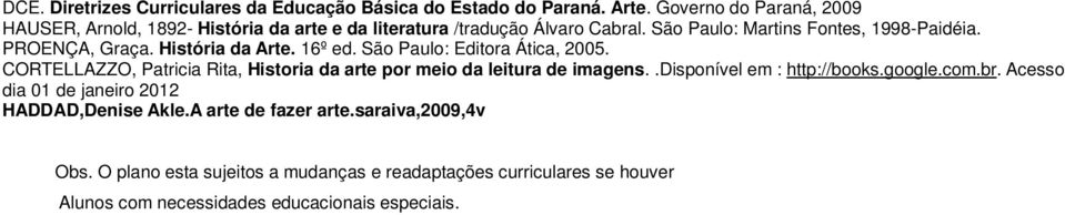 PROENÇA, Graça. História da Arte. 16º ed. São Paulo: Editora Ática, 2005. CORTELLAZZO, Patricia Rita, Historia da arte por meio da leitura de imagens.