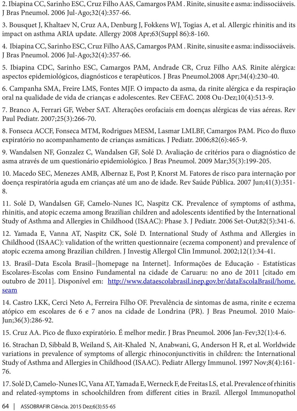 Ibiapina CC, Sarinho ESC, Cruz Filho AAS, Camargos PAM. Rinite, sinusite e asma: indissociáveis. J Bras Pneumol. 2006 Jul-Ago;32(4):357-66. 5.