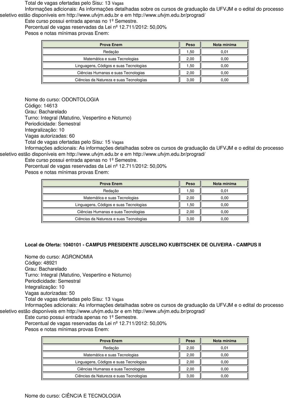 Local de Oferta: 1040101 - CAMPUS PRESIDENTE JUSCELINO KUBITSCHEK DE OLIVEIRA - CAMPUS II Nome do curso: AGRONOMIA Código: